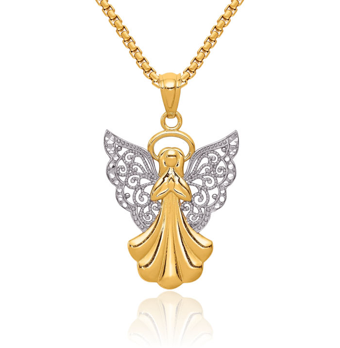 14K Solid Yellow Gold Antique Filigree Guardian Angel Wings Necklace Protect Us Cherub Pendant Religious Charm