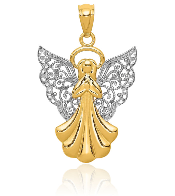 14K Solid Yellow Gold Antique Filigree Guardian Angel Wings Necklace Protect Us Cherub Pendant Religious Charm