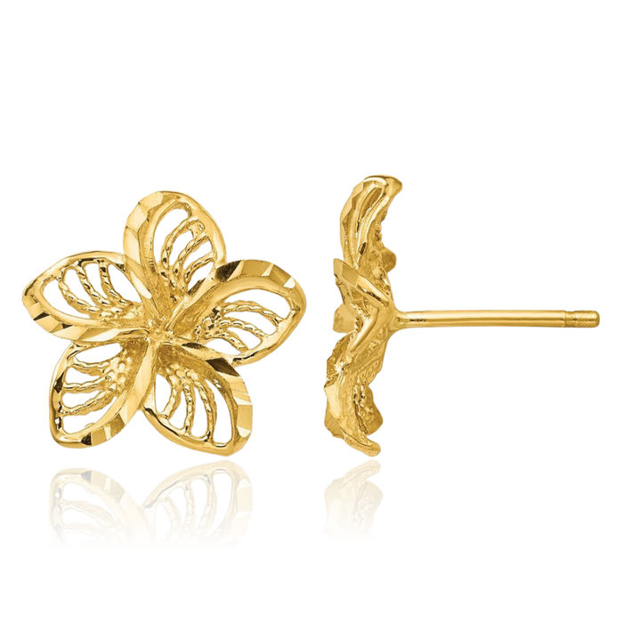 14K Solid Yellow Gold Antique Filigree Hawaiian Plumeria Flower Stud Earrings