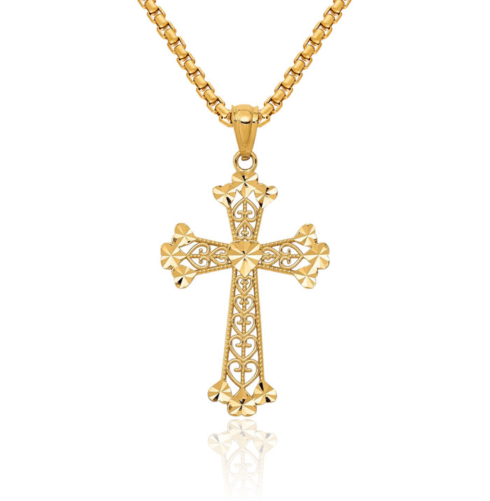 14K Solid Yellow Gold Antique Filigree Heart Holy Cross Necklace Religious Chain Pendant Jesus Christ Charm