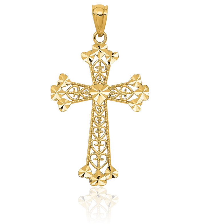 14K Solid Yellow Gold Antique Filigree Heart Holy Cross Necklace Religious Chain Pendant Jesus Christ Charm