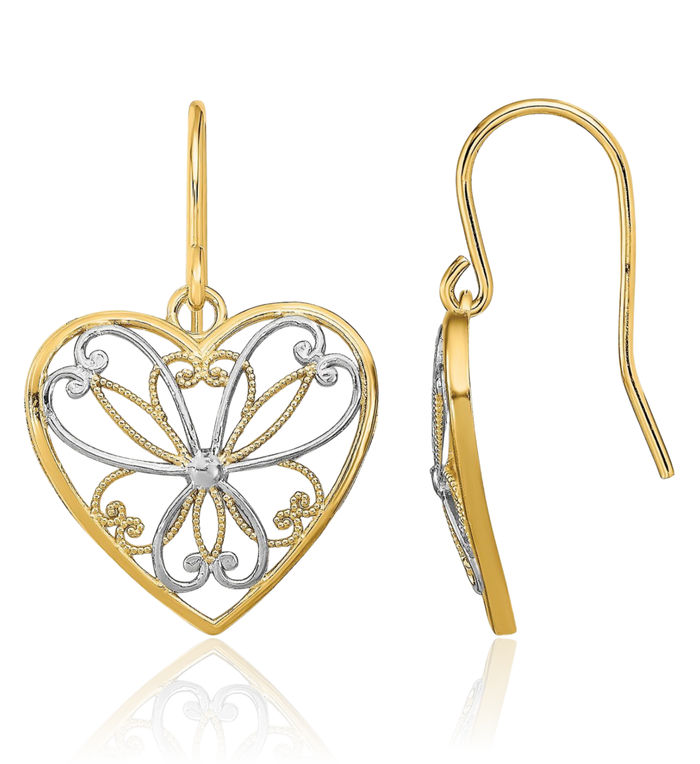 14K Solid Yellow Gold Antique Filigree Heart Drop Dangle Earrings