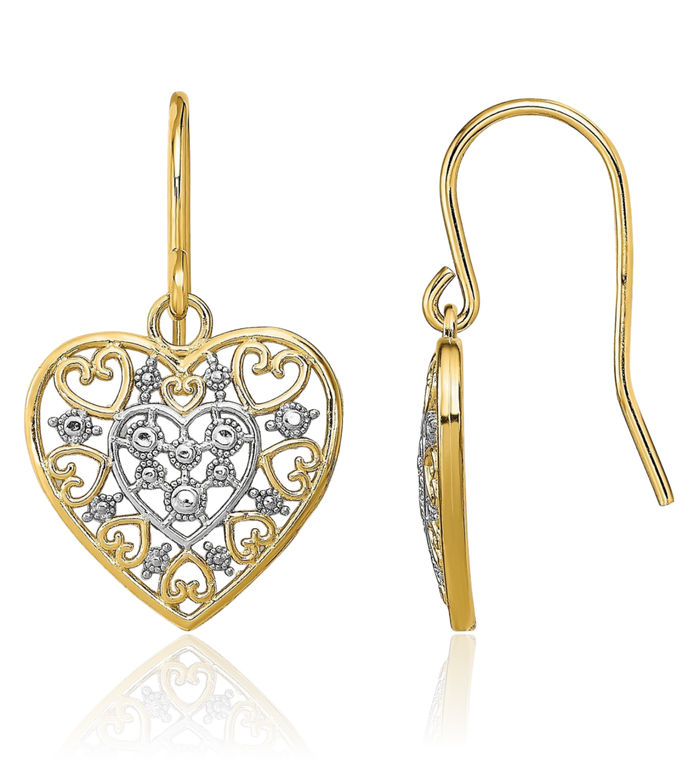 14K Solid Yellow Gold Antique Filigree Heart Drop Dangle Earrings