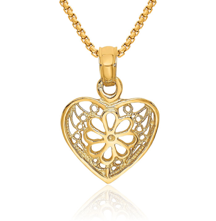 14K Solid Yellow Gold Antique Filigree Heart Flower Necklace Chain Pendant Charm