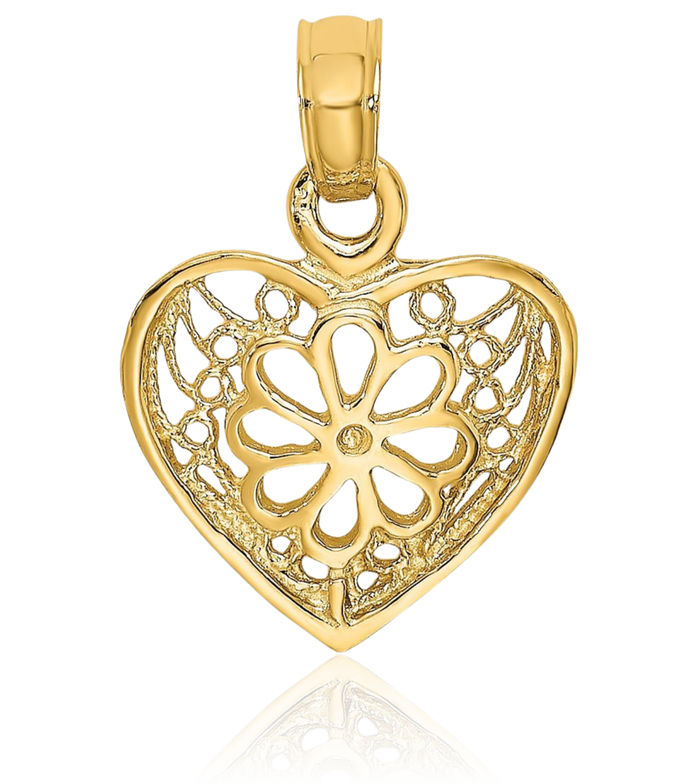 14K Solid Yellow Gold Antique Filigree Heart Flower Necklace Chain Pendant Charm