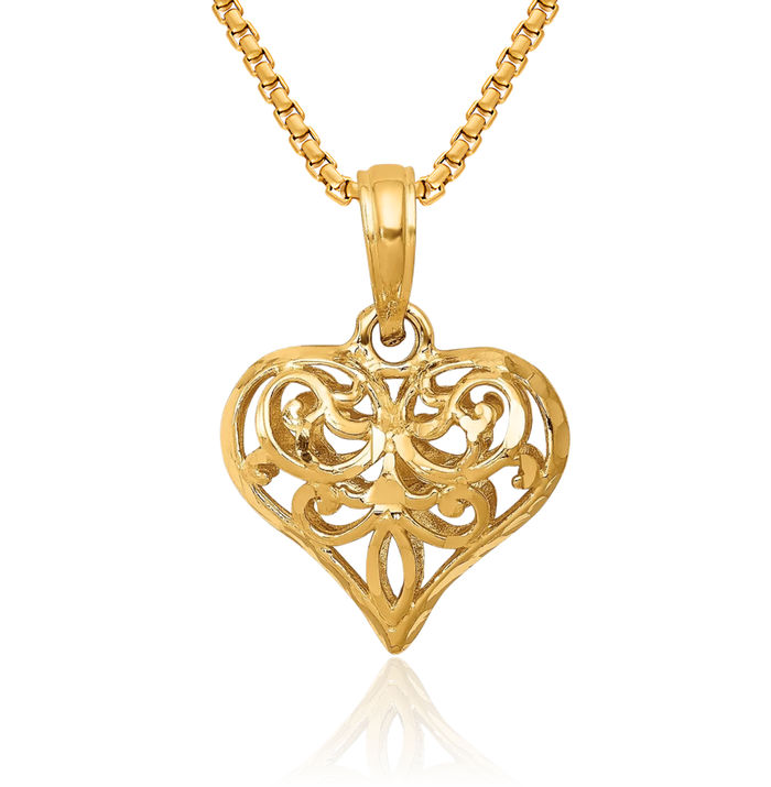 14K Solid Yellow Gold Antique Filigree Heart Necklace Love Pendant Charm