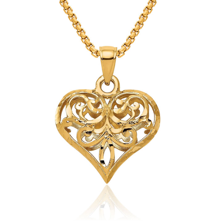 14K Solid Yellow Gold Antique Filigree Heart Necklace Love Pendant Charm