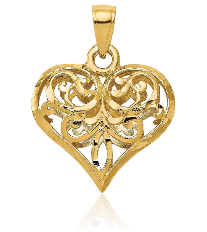 14K Solid Yellow Gold Antique Filigree Heart Necklace Love Pendant Charm