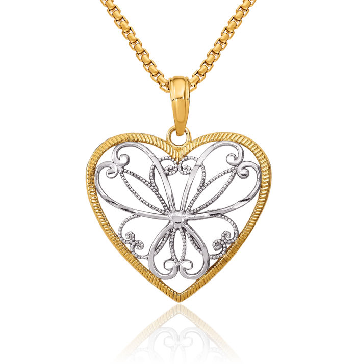 14K Solid Yellow Gold Antique Filigree Heart Necklace Love Pendant Charm