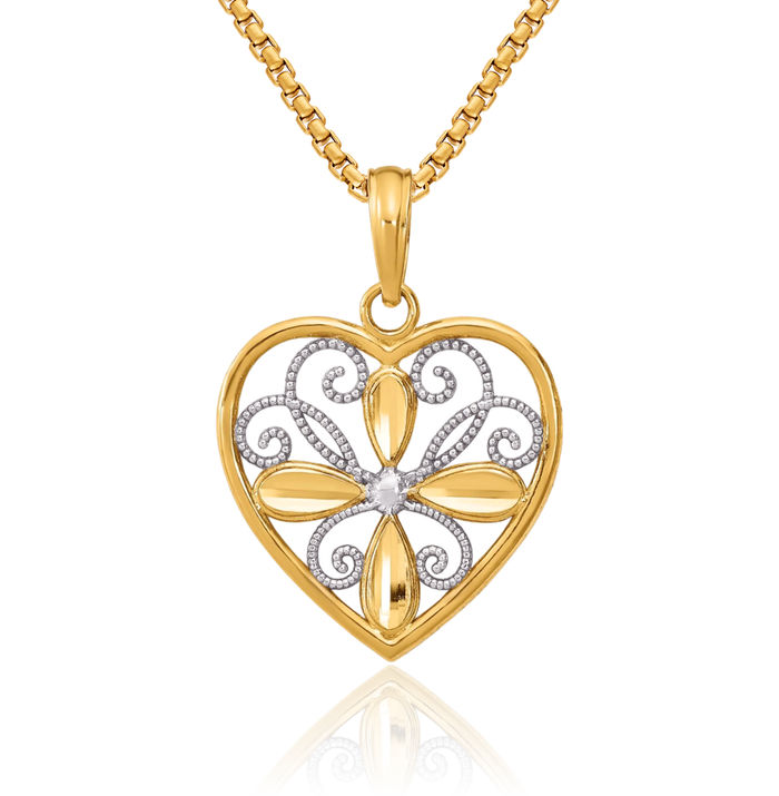 14K Solid Yellow Gold Antique Filigree Heart Necklace Love Pendant Charm