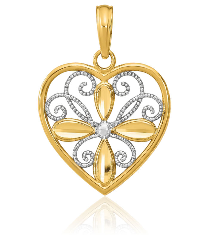 14K Solid Yellow Gold Antique Filigree Heart Necklace Love Pendant Charm