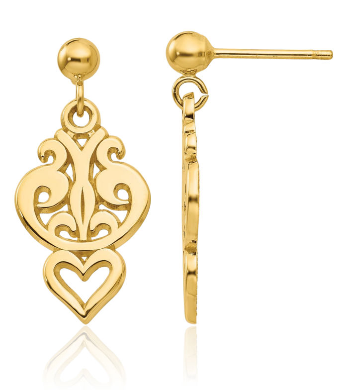 14K Solid Yellow Gold Antique Filigree Heart Post Drop Dangle Earrings