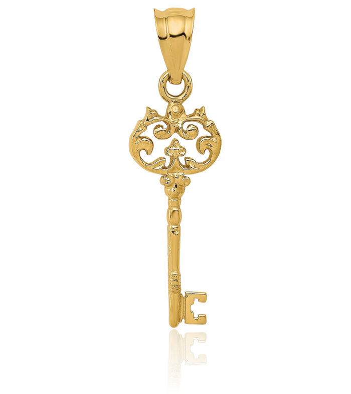 14K Solid Yellow Gold Antique Filigree Key Necklace Chain Pendant Charm