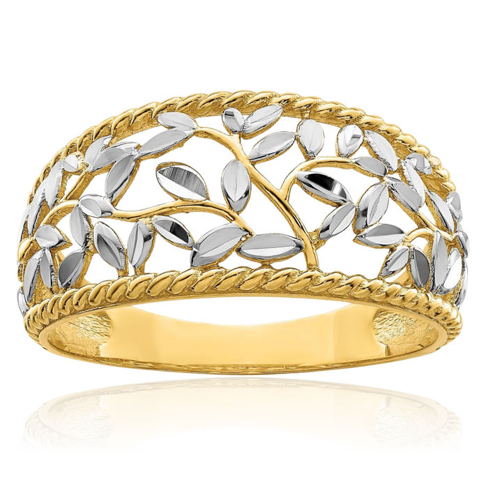 14K Solid Yellow Gold Antique Filigree Leaf Flower Ring