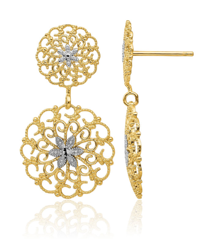 14K Solid Yellow Gold Antique Filigree Medallion Drop Dangle Earrings