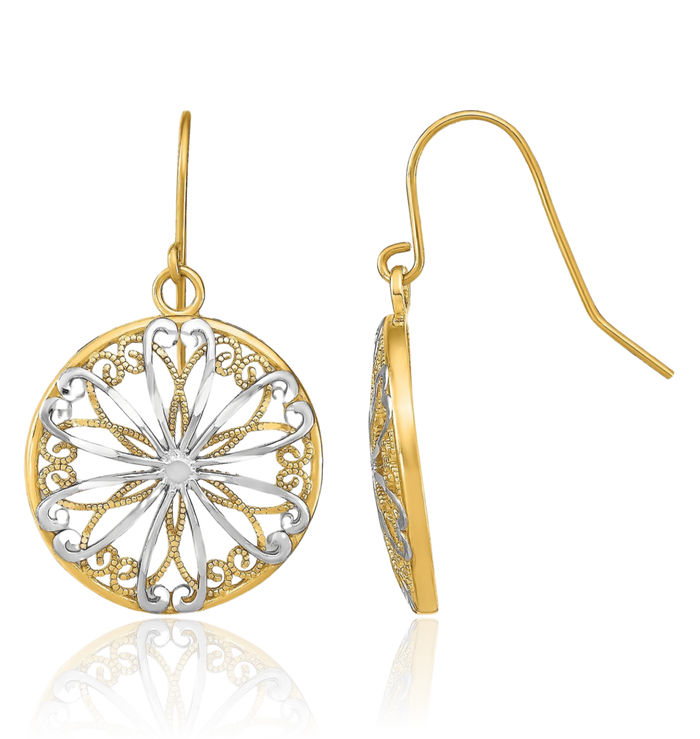 14K Solid Yellow Gold Antique Filigree Medallion Drop Dangle Earrings