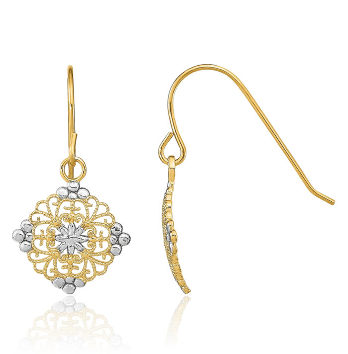 14K Solid Yellow Gold Antique Filigree Medallion Drop Dangle Earrings