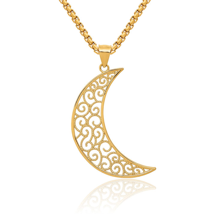 14K Solid Yellow Gold Antique Filigree Crescent Moon Necklace Chain Pendant Charm Celestial Jewelry