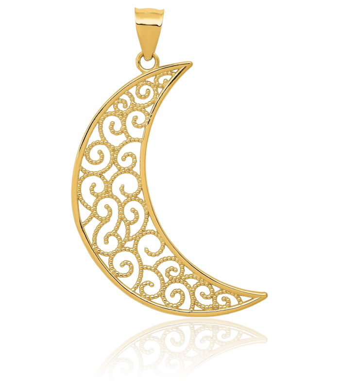 14K Solid Yellow Gold Antique Filigree Crescent Moon Necklace Chain Pendant Charm Celestial Jewelry