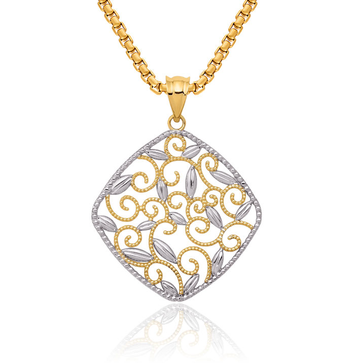 14K Solid Yellow Gold Antique Filigree Necklace Chain Pendant Charm