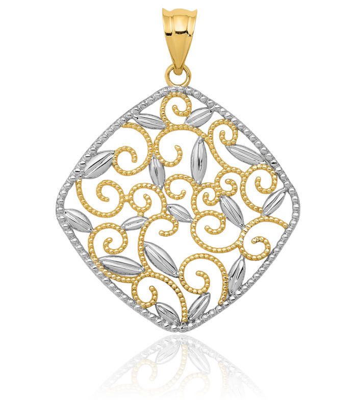 14K Solid Yellow Gold Antique Filigree Necklace Chain Pendant Charm