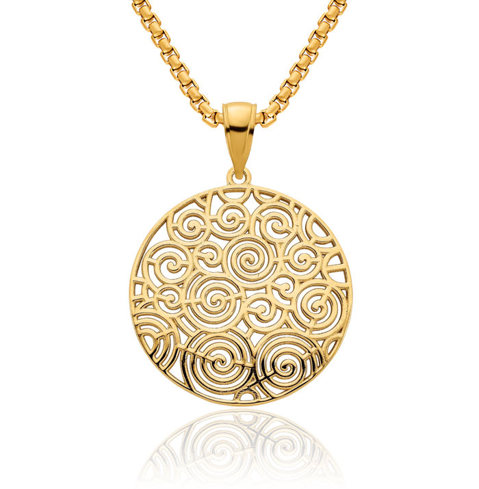 14K Solid Yellow Gold Antique Filigree Disc Necklace Chain Pendant Charm