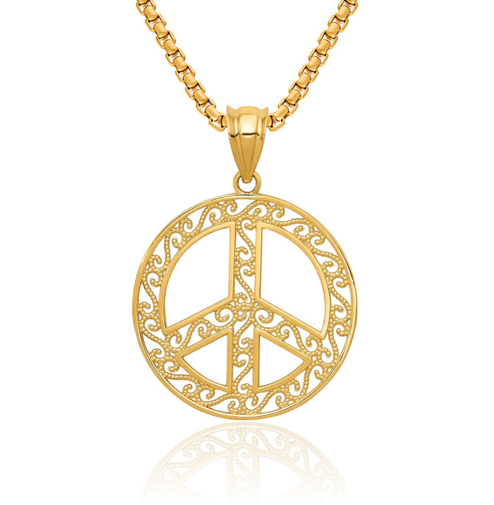 14K Solid Yellow Gold Antique Filigree Peace Sign Inspirational Symbol Necklace Chain Pendant Charm