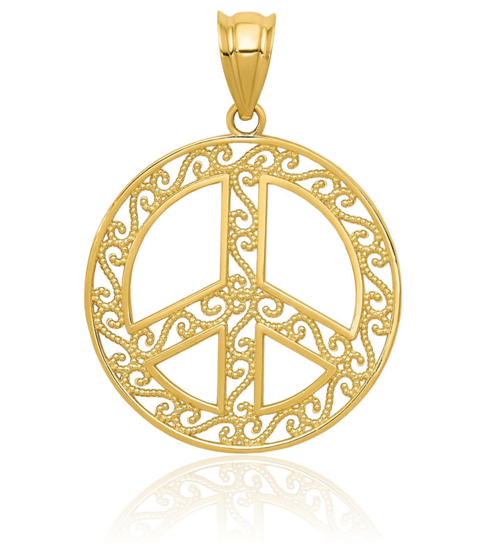 14K Solid Yellow Gold Antique Filigree Peace Sign Inspirational Symbol Necklace Chain Pendant Charm