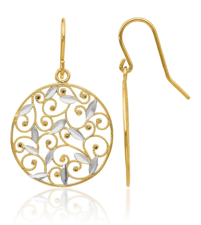 14K Solid Yellow Gold Antique Filigree Circle Round Wire Drop Dangle Earrings