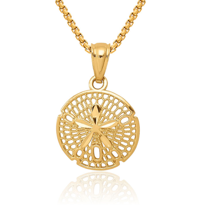 14K Solid Yellow Gold Antique Filigree Sand Dollar Sea Star Starfish Necklace Chain Pendant Charm