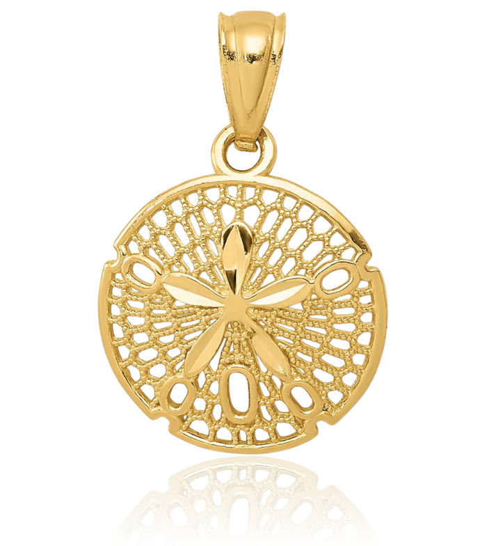 14K Solid Yellow Gold Antique Filigree Sand Dollar Sea Star Starfish Necklace Chain Pendant Charm