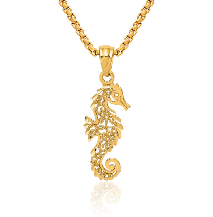 14K Solid Yellow Gold Antique Filigree Seahorse Necklace Chain Pendant Charm