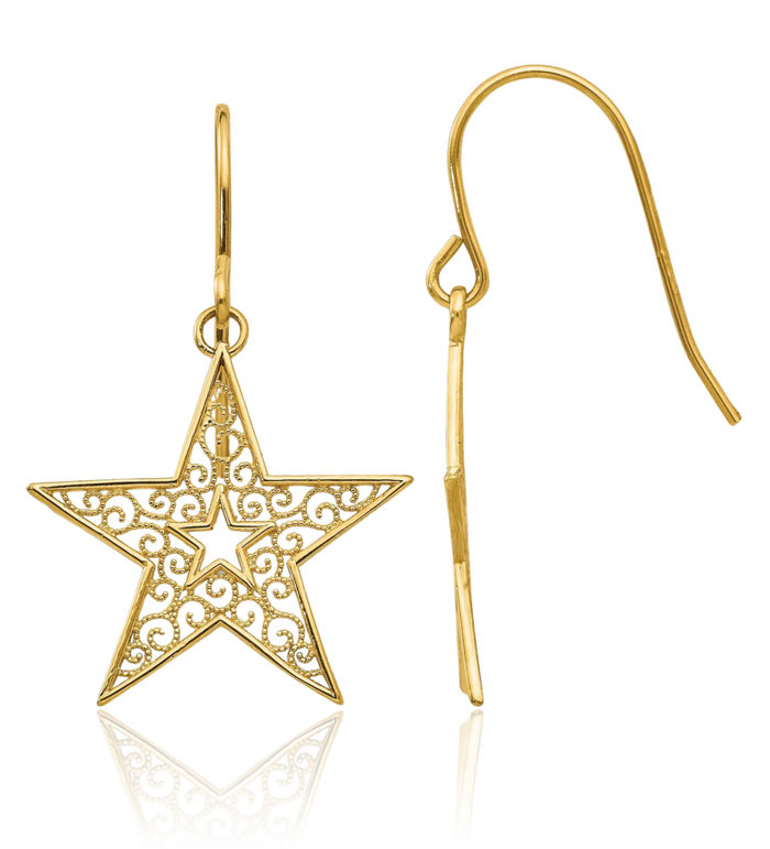 14K Solid Yellow Gold Antique Filigree Star Drop Dangle Earrings