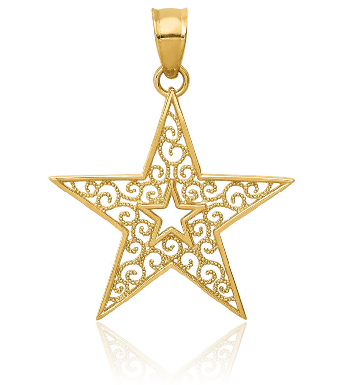 14K Solid Yellow Gold Antique Filigree Star Necklace Chain Pendant Charm