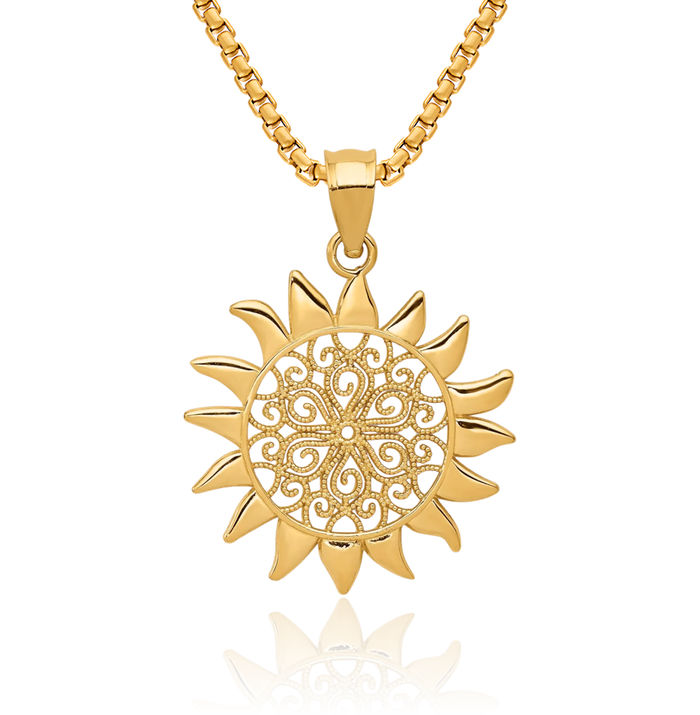 14K Solid Yellow Gold Antique Filigree Sun Necklace Sunshine Pendant Sunburst Charm Celestial Jewelry