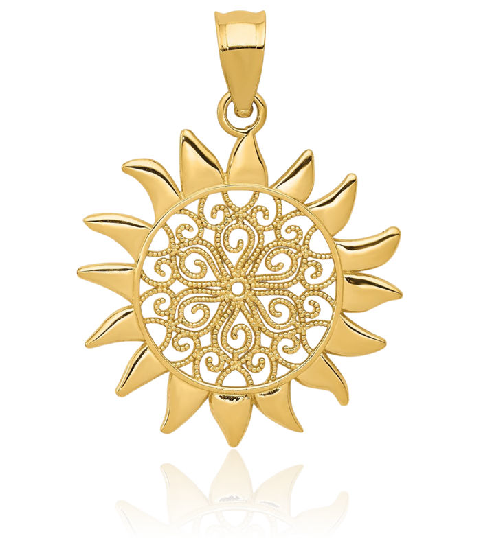 14K Solid Yellow Gold Antique Filigree Sun Necklace Sunshine Pendant Sunburst Charm Celestial Jewelry