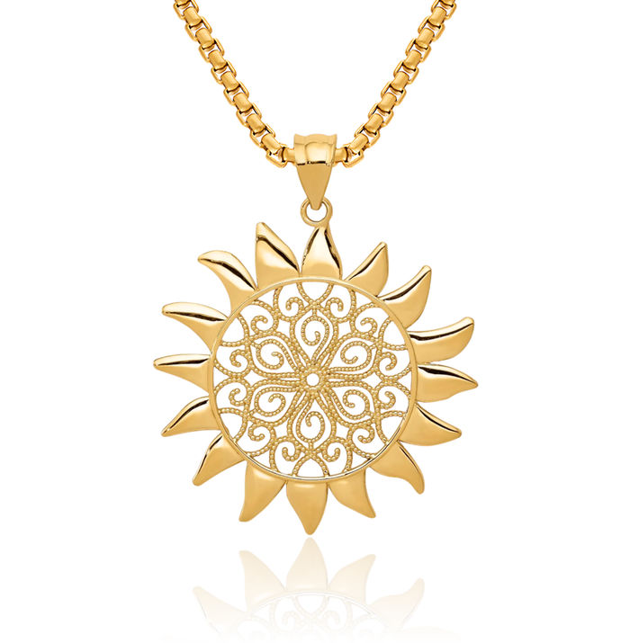 14K Solid Yellow Gold Antique Filigree Sun Necklace Sunshine Pendant Sunburst Charm Celestial Jewelry