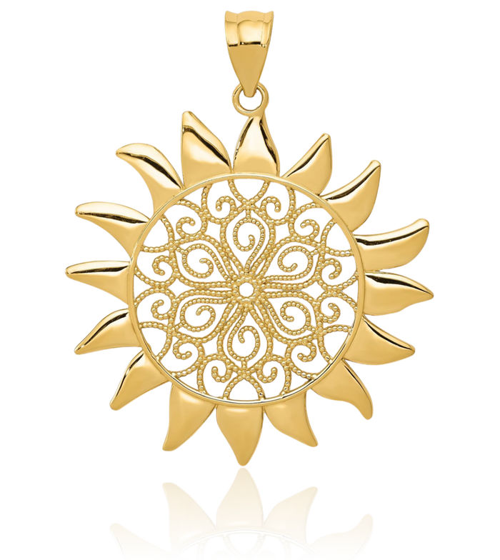 14K Solid Yellow Gold Antique Filigree Sun Necklace Sunshine Pendant Sunburst Charm Celestial Jewelry