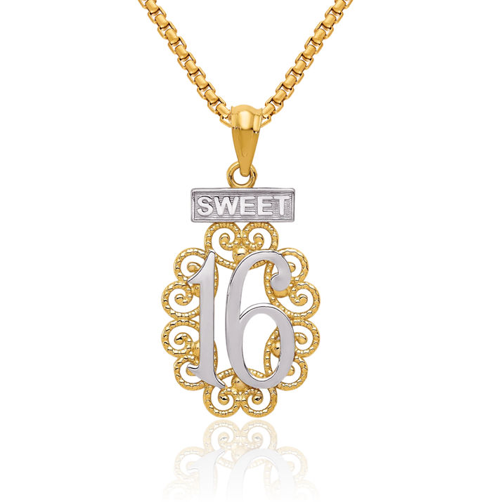 14K Solid Yellow Gold Antique Filigree Sweet 16 Years Old Birthday Necklace Chain Pendant Charm