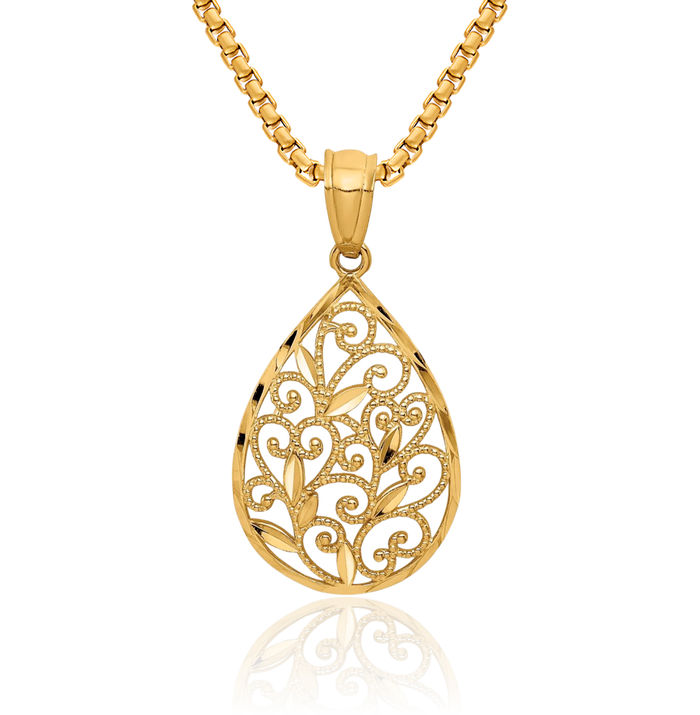 14K Solid Yellow Gold Antique Filigree Teardrop Necklace Pear Pendant Charm