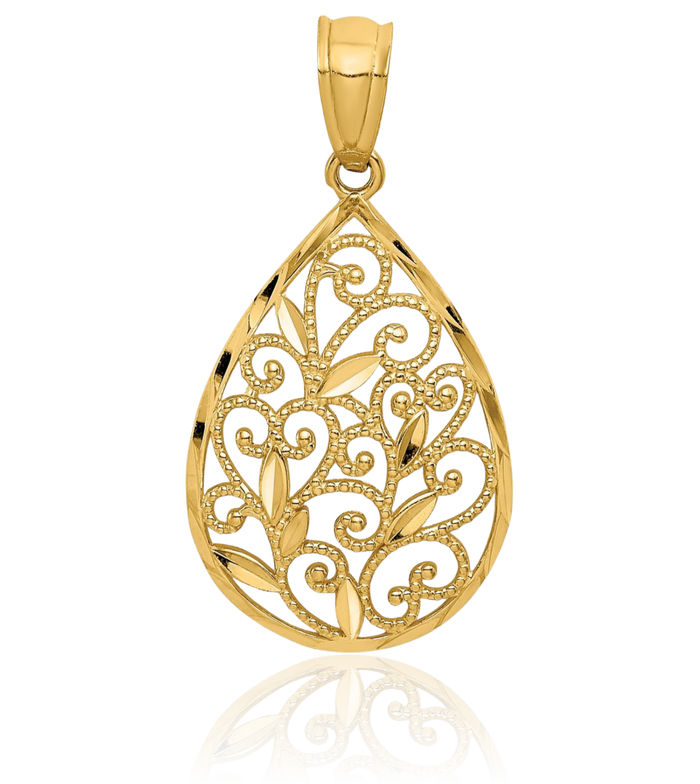 14K Solid Yellow Gold Antique Filigree Teardrop Necklace Pear Pendant Charm