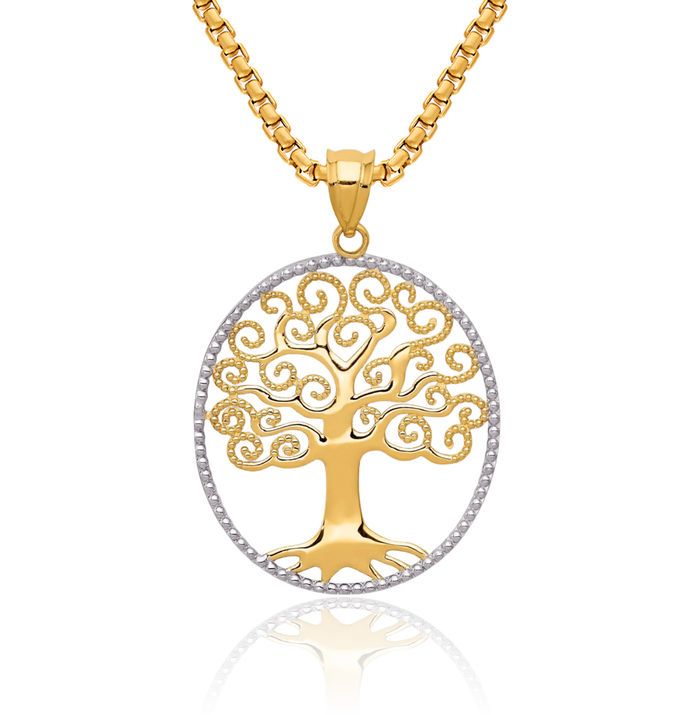 14K Solid Yellow Gold Antique Filigree Tree of Life Necklace Chain Pendant Charm