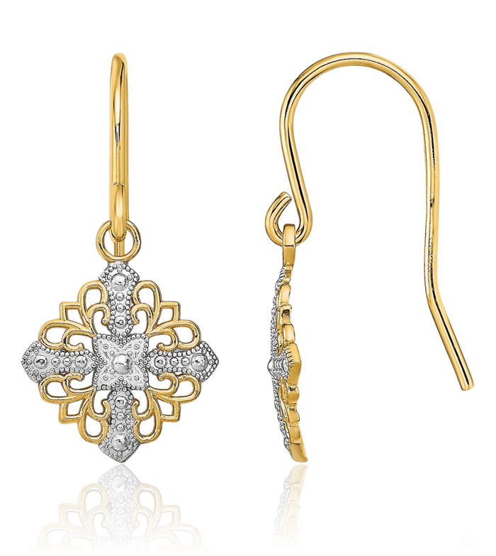 14K Solid Yellow Gold Antique Filigree Wire Drop Dangle Earrings