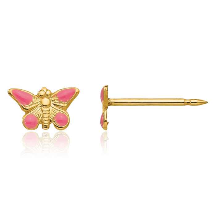 14K Solid Yellow Gold Fill Pink Butterfly Wings Stud Earrings