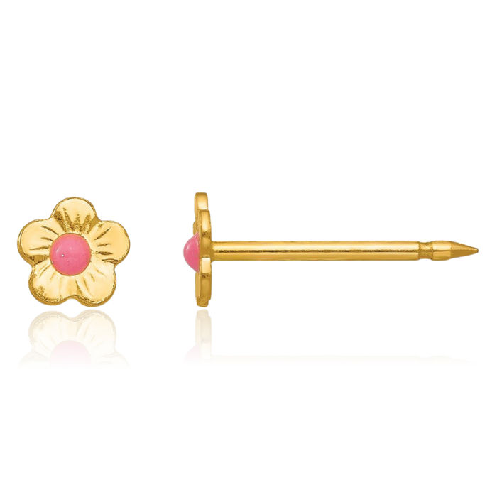 14K Solid Yellow Gold Fill Pink Flower Stud Earrings