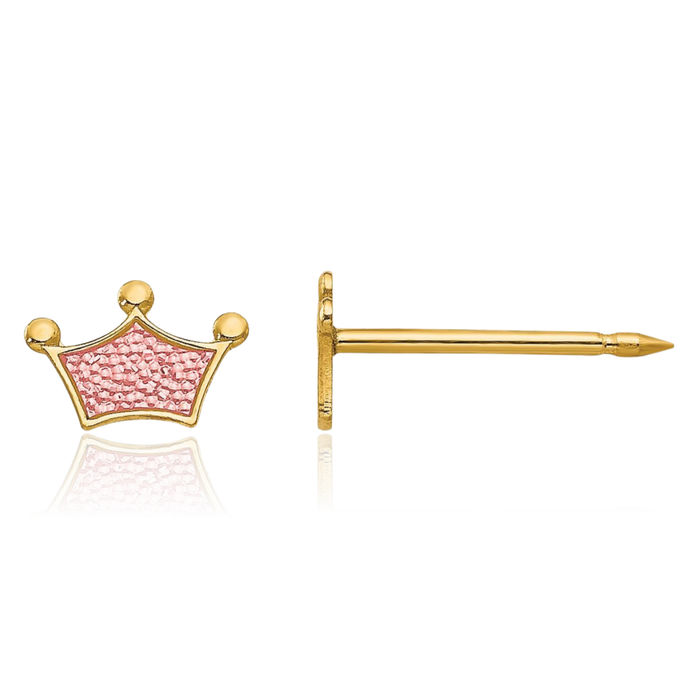 14K Solid Yellow Gold Fill Pink Royal Princess Crown Stud Earrings