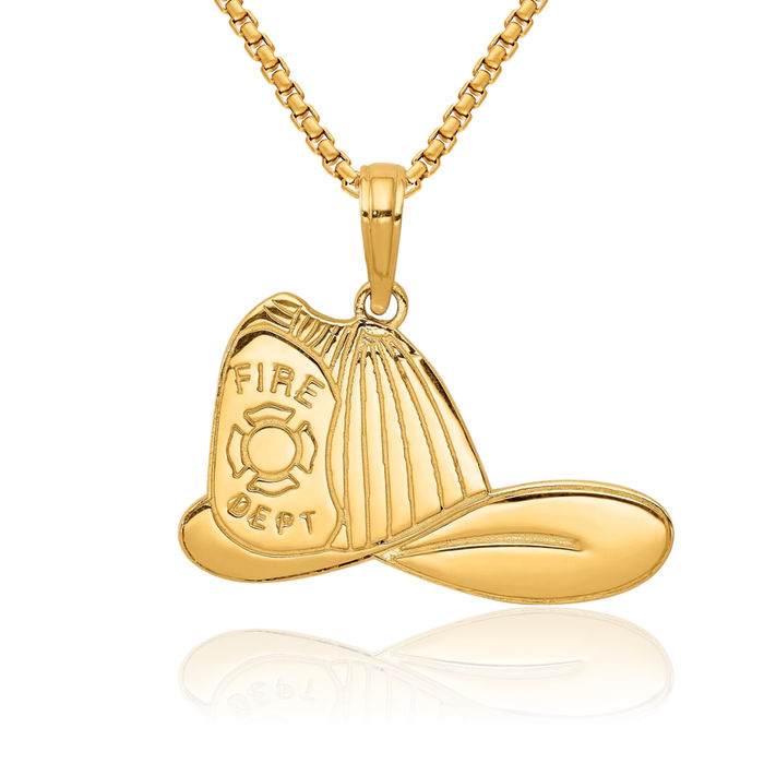 14K Solid Yellow Gold Fireman Helmet Fire Department FD Necklace Firefighter Pendant Rescue Charm