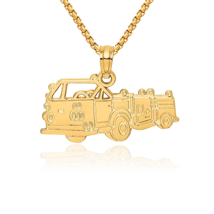 14K Solid Yellow Gold Fireman Truck Fire Department FD Necklace Firefighter Pendant Rescue Charm