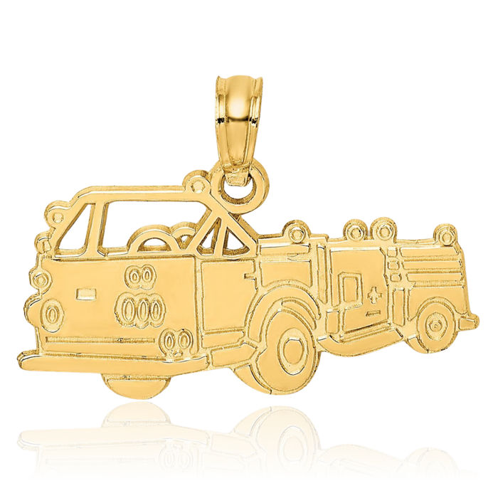 14K Solid Yellow Gold Fireman Truck Fire Department FD Necklace Firefighter Pendant Rescue Charm