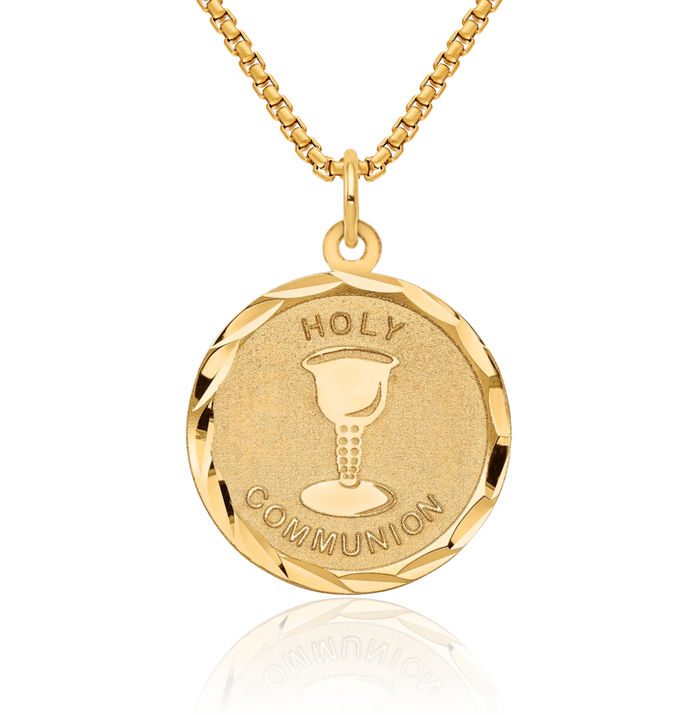 14K Solid Yellow Gold First Holy Communion Disc Necklace Chain Pendant Charm